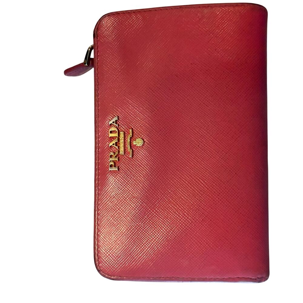 Prada Saffiano leather compact wallet in red/coral (rosso)